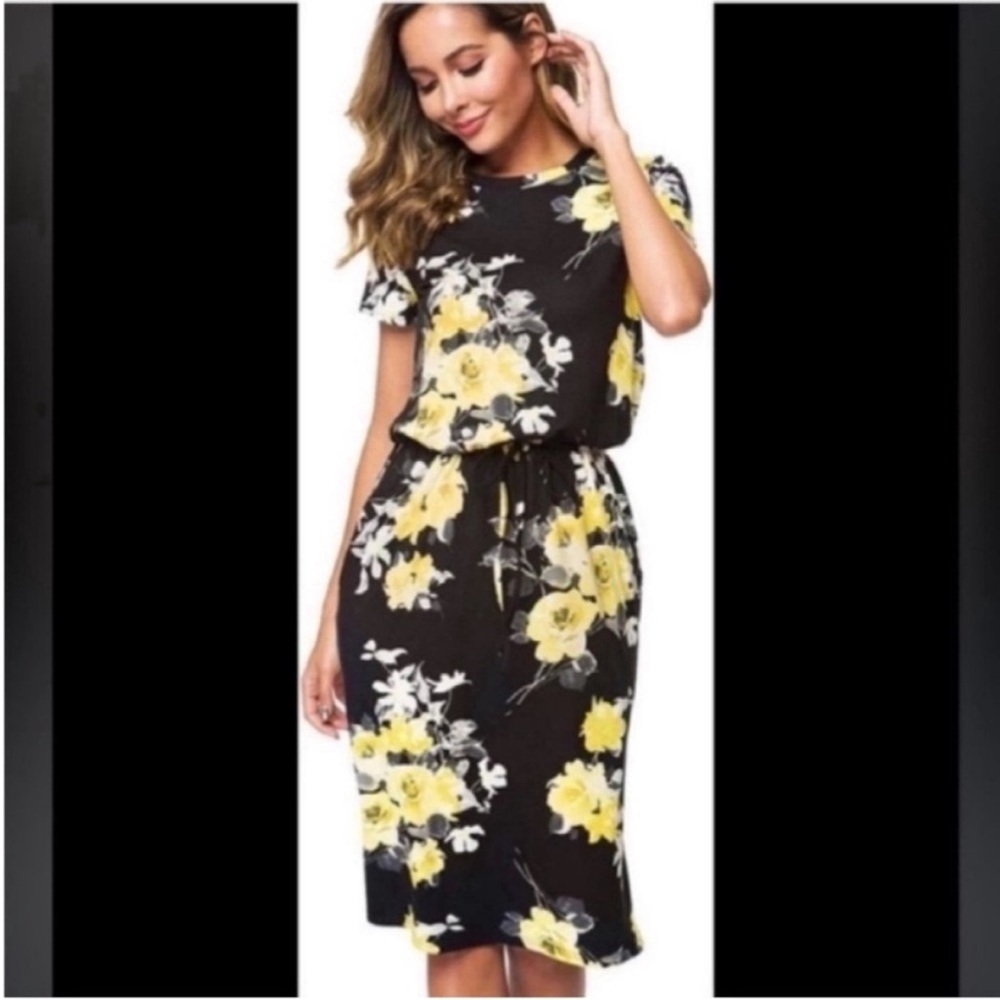 Black and Yellow Midi Sundress with Crew Neck
